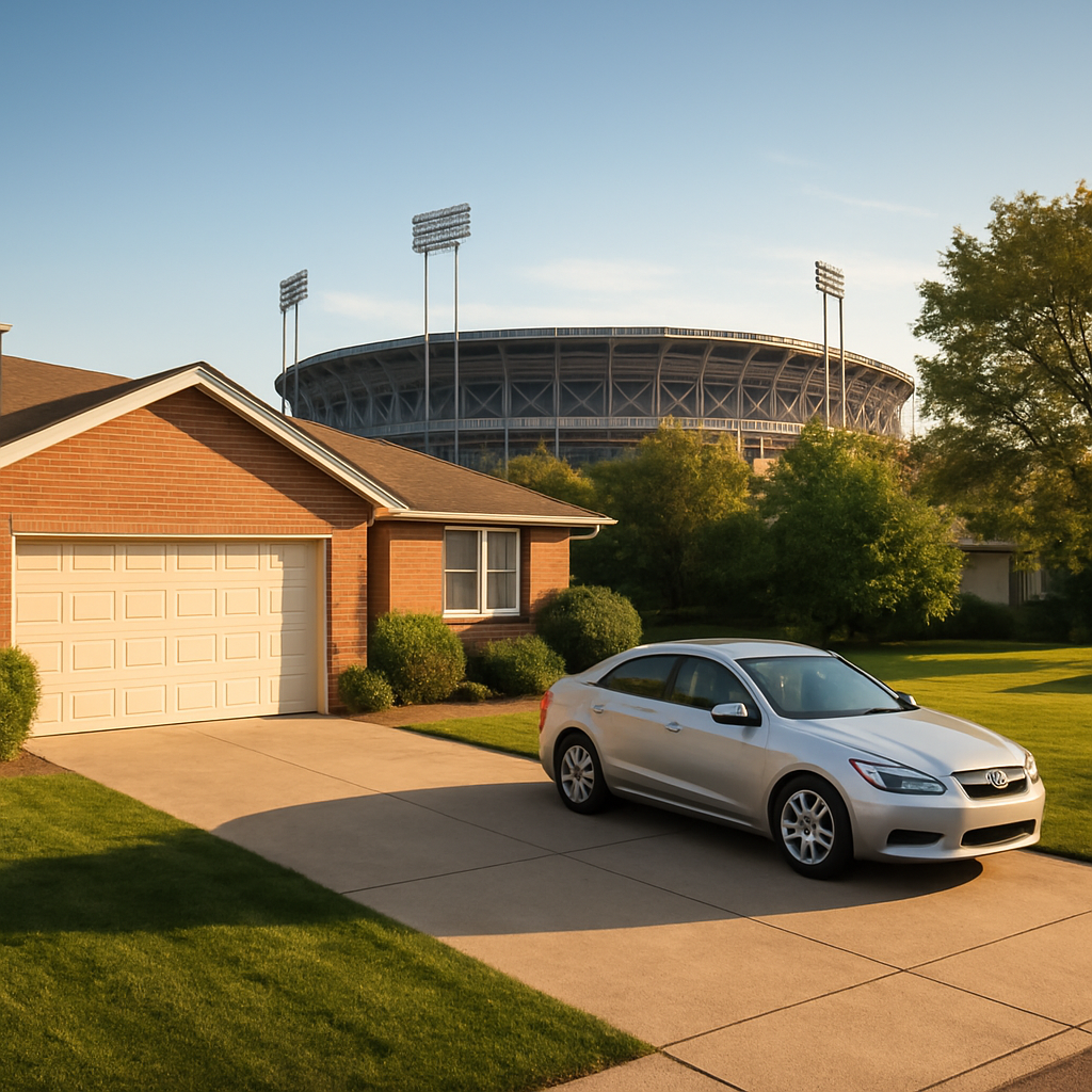 A private driveway with a parked car and a stadium in the background